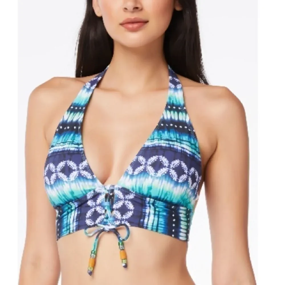 Bleu by Rod Beattie Lace-Up Halter Bikini Top Women's 14 Navy Blue padded swim
